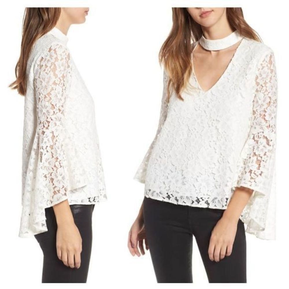 WAYF White Lace‎ Choker Bell Sleeve Blouse